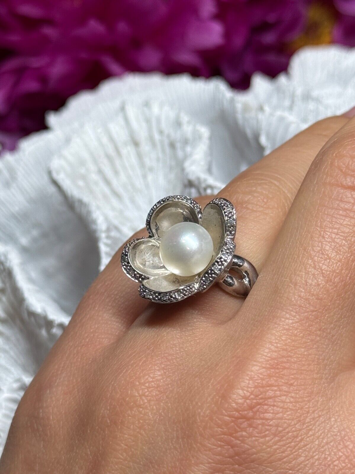 925 STERLING SILVER PEARL & WHITE SAPPHIRE FLOWER RING SIZE 5.5