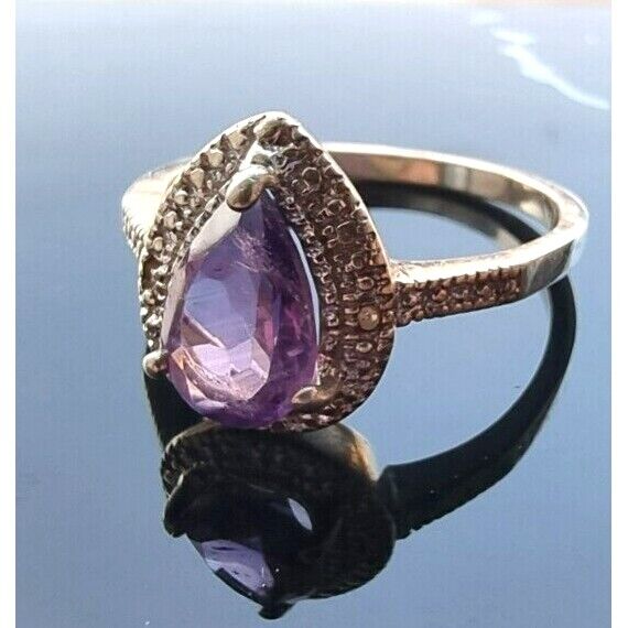 925 STERLING SILVER NATURAL  9x6 mm. PEAR SHAPED AMETHYST RING SIZE 8 AT