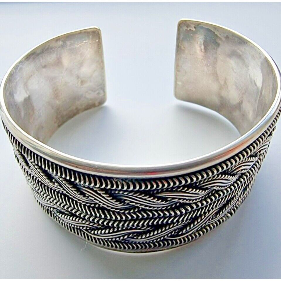 VINTAGE MULTI PATTERN 925 STERLING SILVER CUFF  BRACELET AT