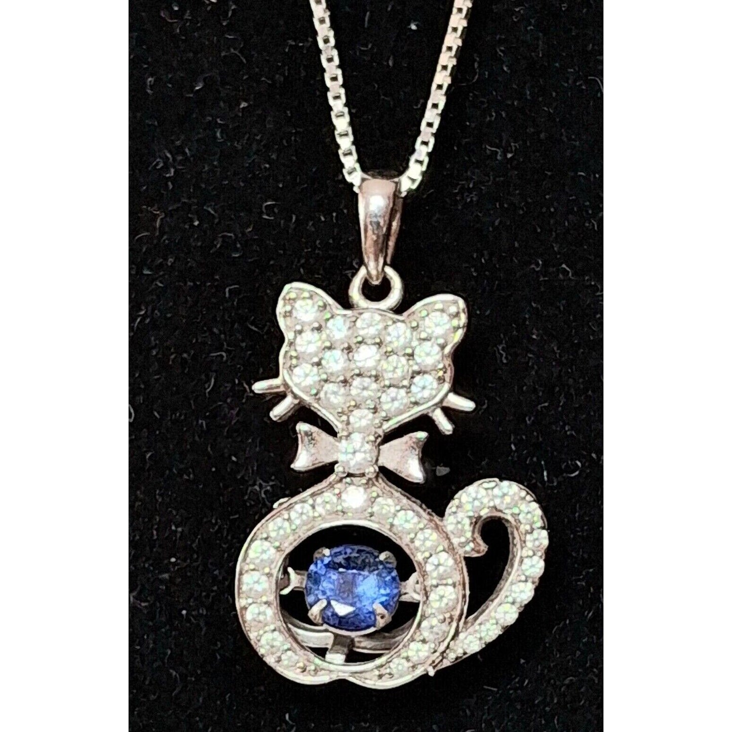 925 STERLING SILVER KINETIC ART TOPAZ  AND CLEAR GEMS CAT PENDANT  NECKLACE SKY