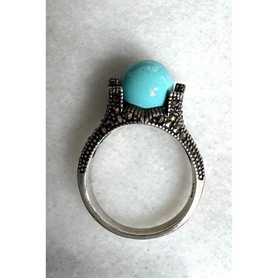 925 STERLING SILVER TURQUOISE AND MARCASITES RING  SIZE 6.75 SKY