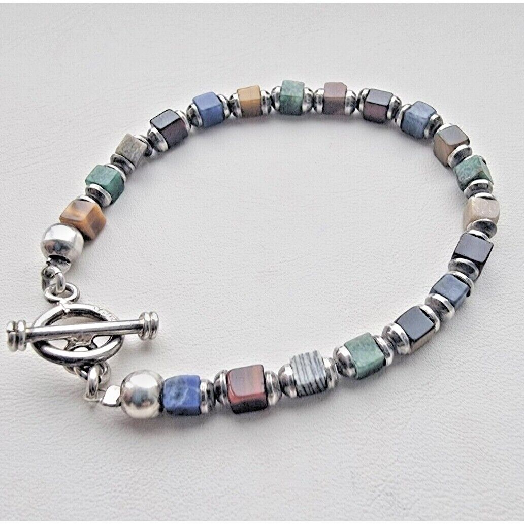 925 STERLING SILVER NATURAL MULTI GEMSTONE TOGGLE CLAPS CUBE BRACELET AT