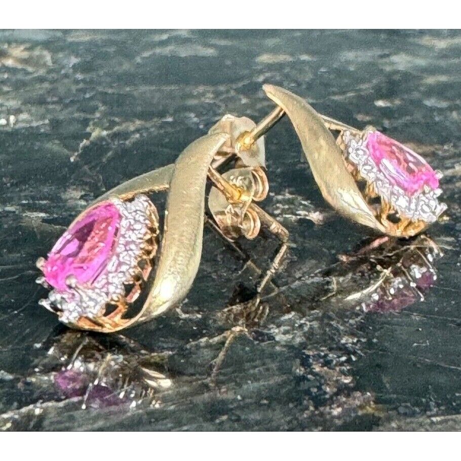 YELLOW GOLD LAB-CREATED PINK SAPPHIRE AND DIAMOND EARRINGS SKY