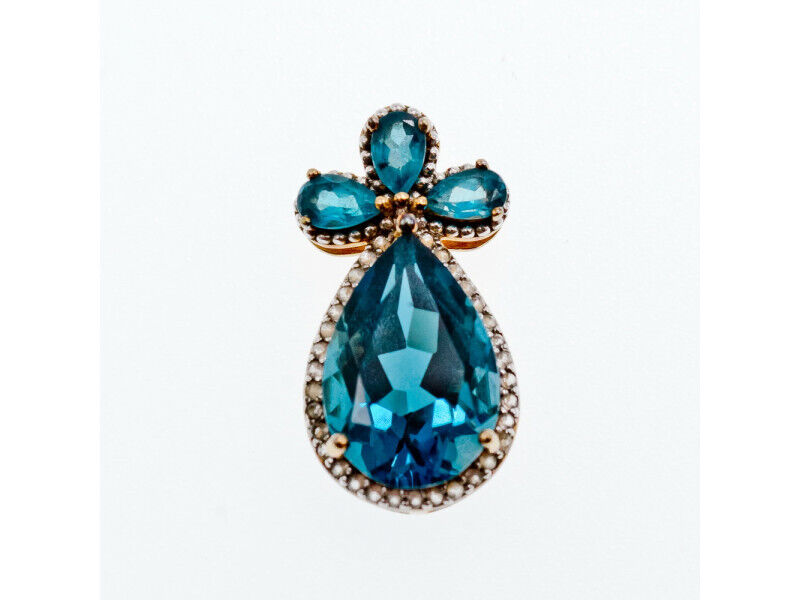 925 STERLING SILVER GOLD PLATED AQUAMARINE & CZ PENDANT