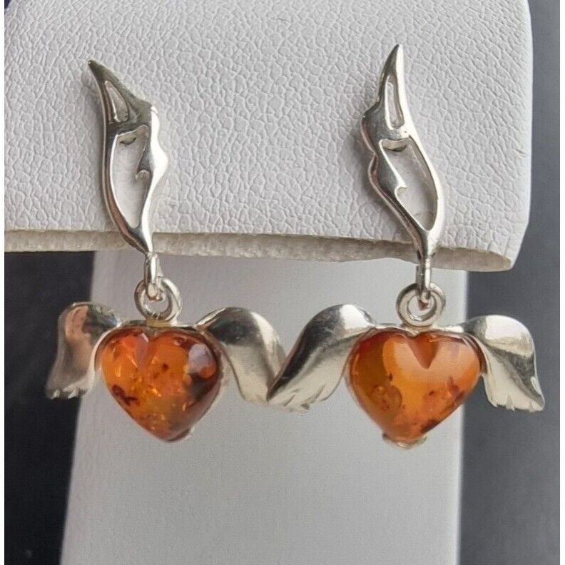 VINTAGE 925 STERLING SILVER HEART BALTIC AMBER, ANGEL WINGS DROP EARRINGS AT