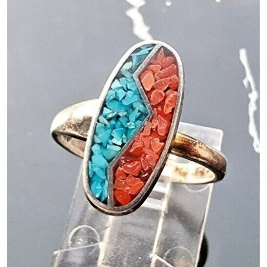 925 STERLING SILVER TURQUOISE AND CORAL RING SIZE 5.75 AT