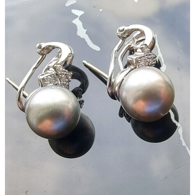 14K WHITE GOLD GREY  PEARL AND DIAMOND EARRINGS WITH OMEGA CLIP AT