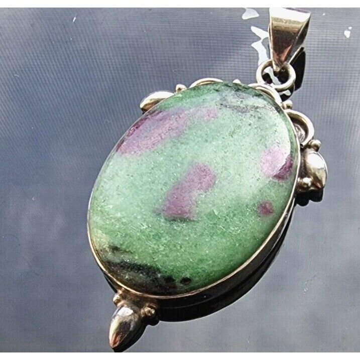 925 STERLING SILVER NATURAL RUBY ZOISITE CABOCHON PENDANT AT