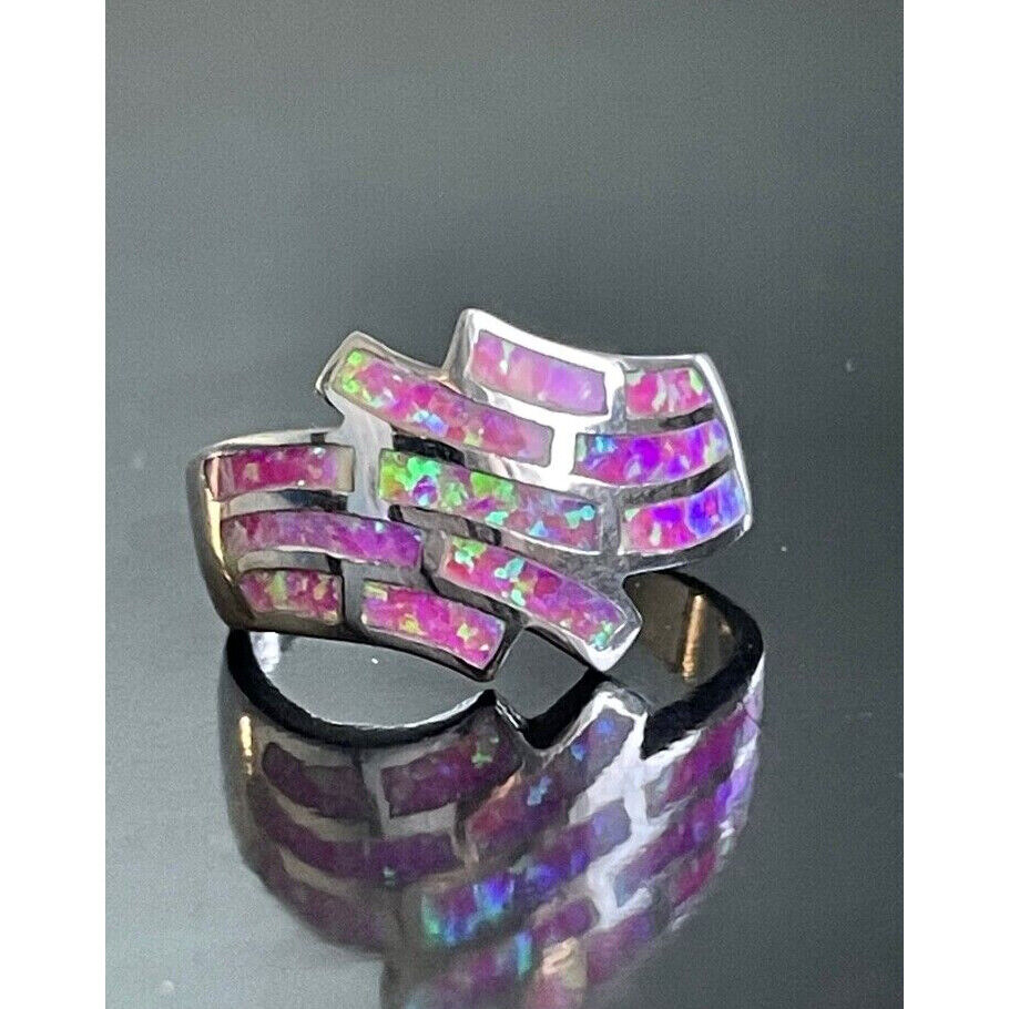 925 STERLING SILVER FAUX OPAL INLAID BAND RING SIZE 7 SKY