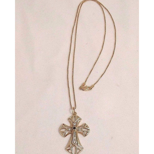 14 K YELLOW GOLD SAPPHIRE CROSS PENDANT ON CHAIN SKY