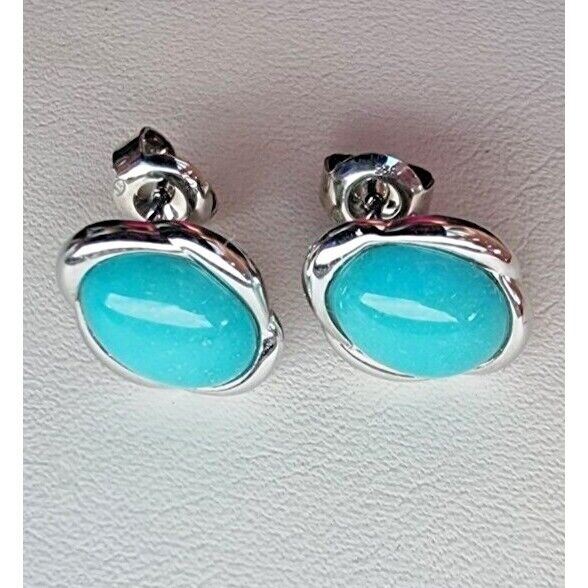 VINTAGE 925 STERLING SILVER NATURAL CABOCHON 10x8 mm. TURQUOISE STUD EARRINGS AT