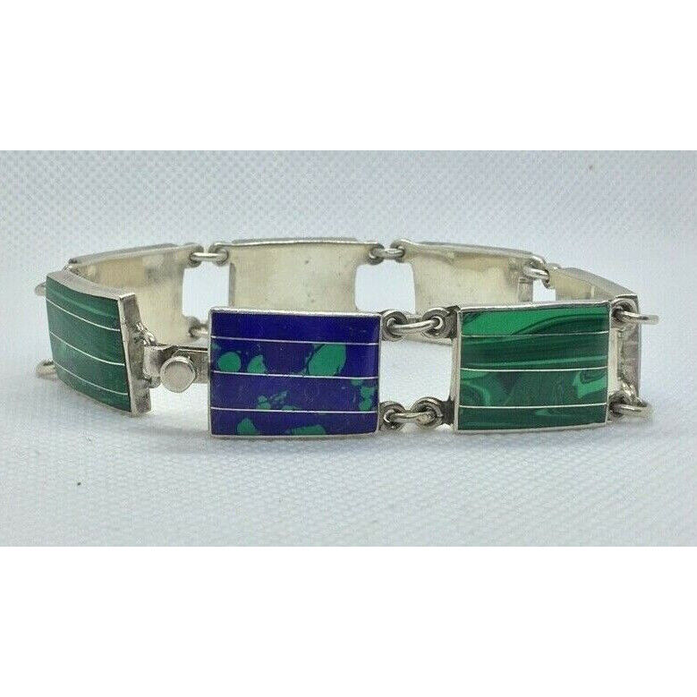 VINTAGE WIDE 925 STERLING SILVER MULTI-GEM LINK BRACELET SKY