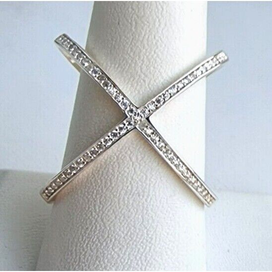 0.70 CT ROUND WHITE CLEAR STON 925 STERLING SILVER X CRISSCROSSING RING SIZE AT