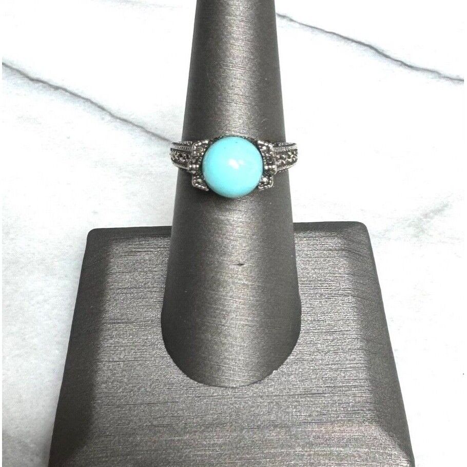 925 STERLING SILVER TURQUOISE AND MARCASITES RING  SIZE 6.75 SKY