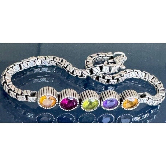 925 STERLING SILVER MULTI-GEMSTONE BOX CHAIN TENNIS BRACELET SKY