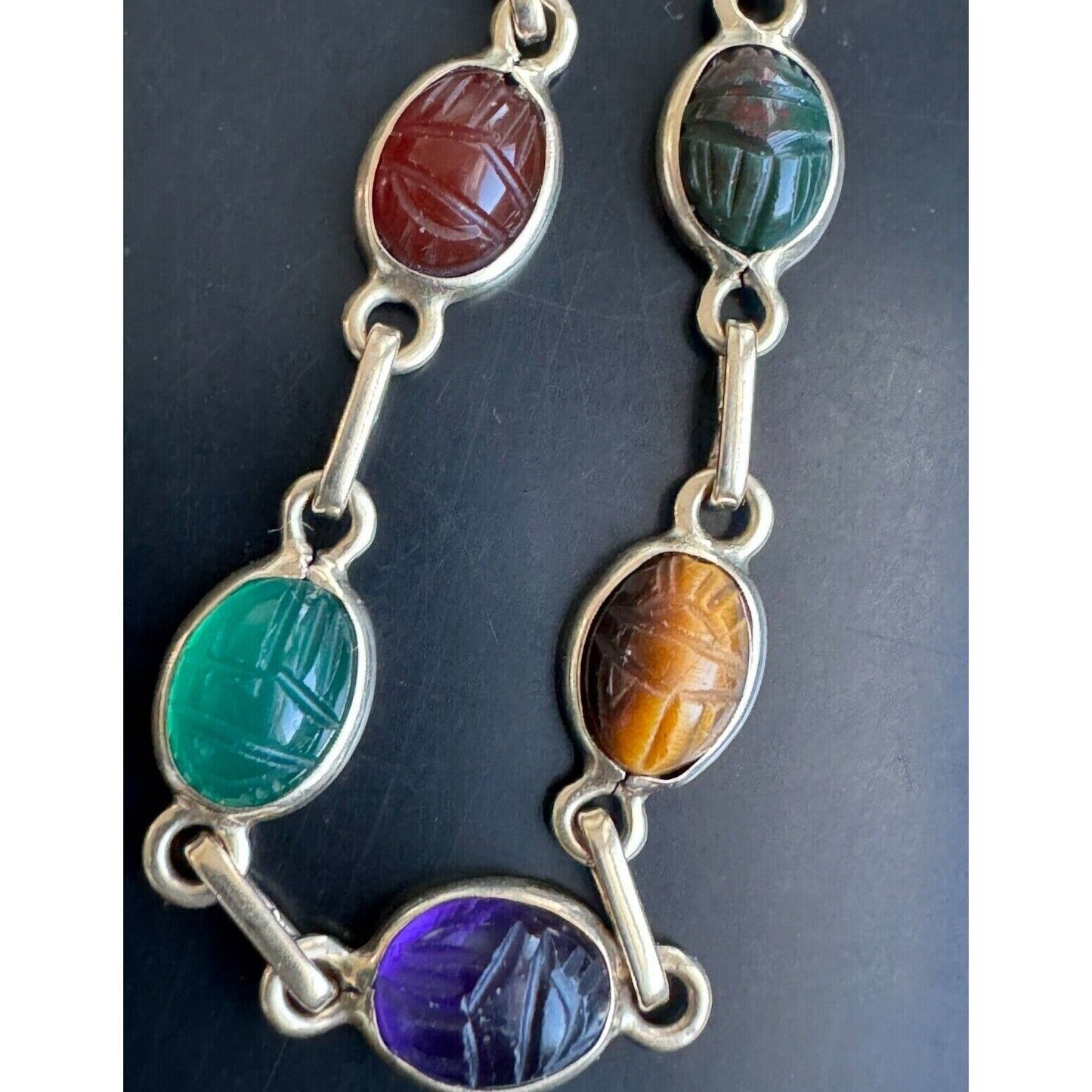 14K YELLOW GOLD AND CARVED GEMSTONE SCARABS BRACELET SKY