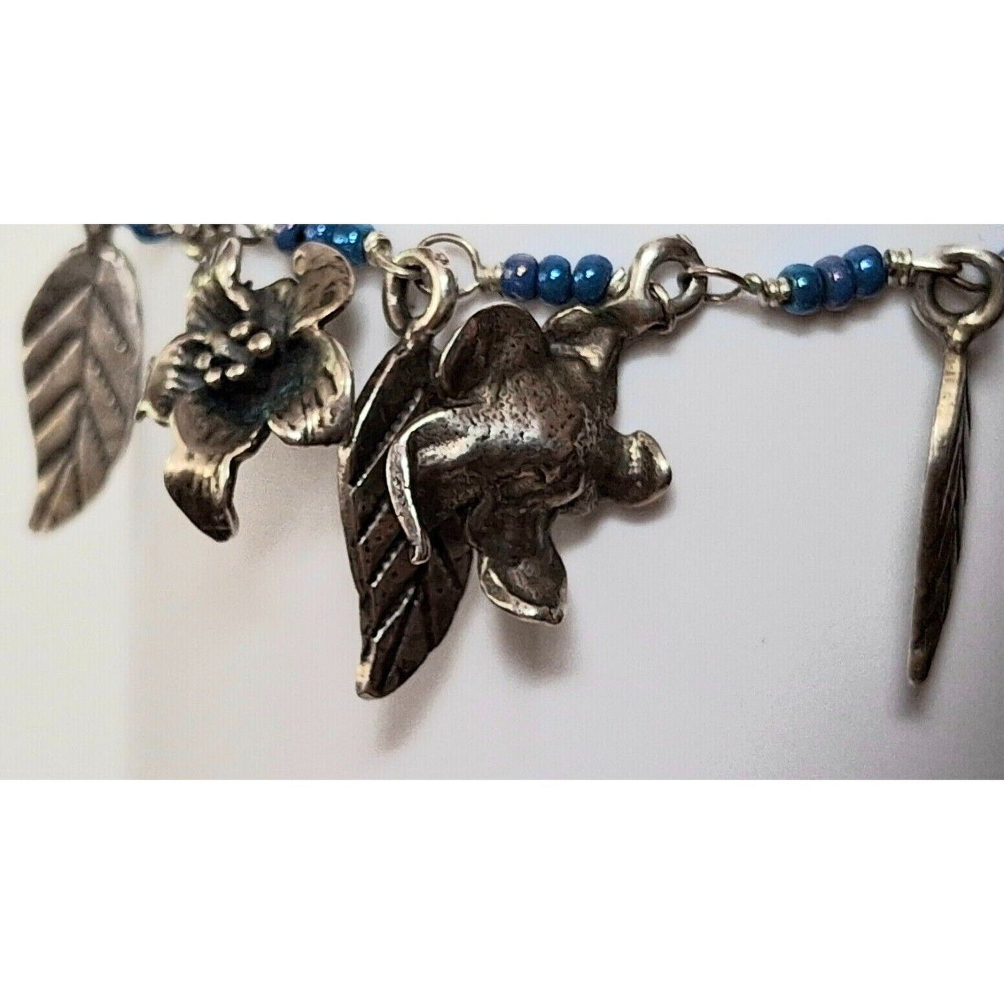 925 STERLING SILVER LEAVES,  FLOWERS  AND SNAKE BEADED CHARM BRACELET SKY