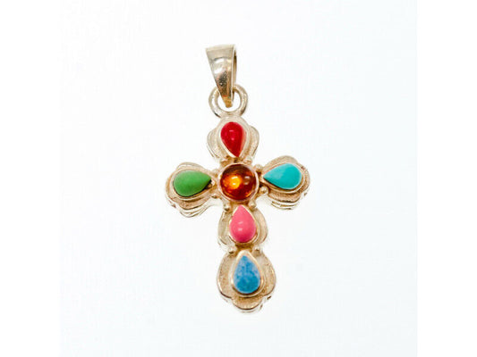 925 STERLING SILVER MULTICOLOR AGATE CROSS PENDANT