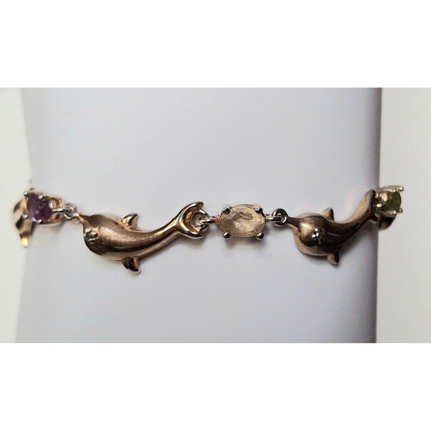 925 STERLING SILVER  VERMEIL  GEMSTONES  AND DIAMOND  DOLPHINS  BRACELET SKY