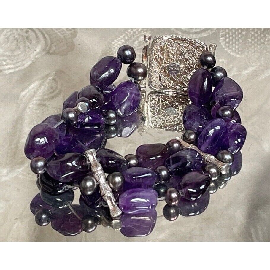 925 STERLING SILVER AMETHYST & BLACK PEARLS 3 STRANDS  BRACELET SKY