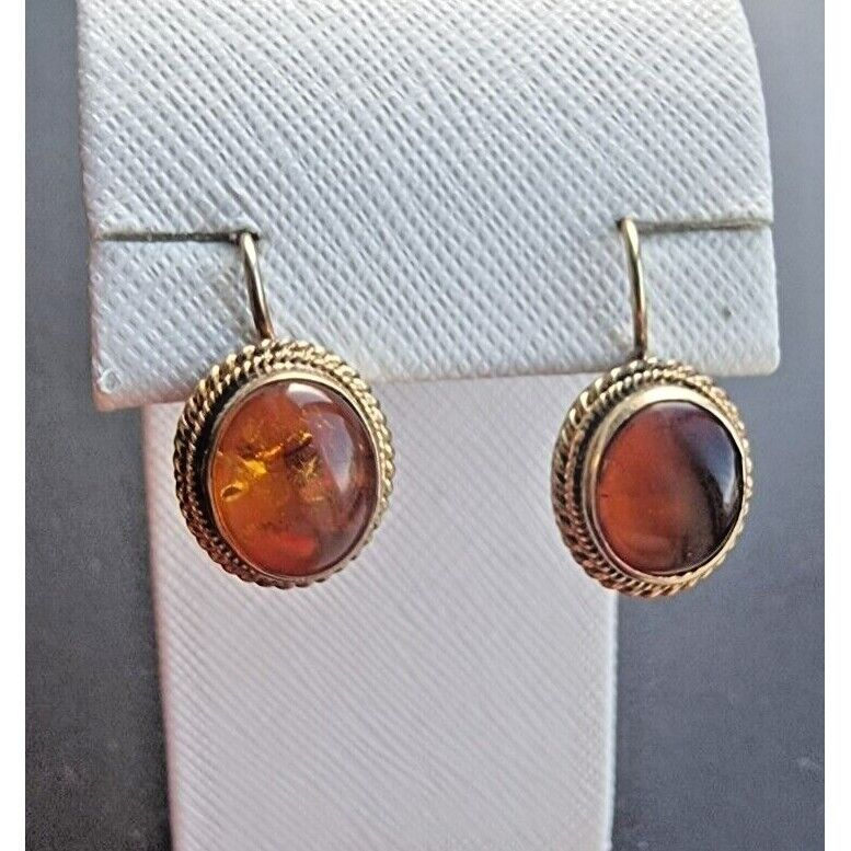 VINTGE 925 STERLING SILVER VERMEIL OVAL 10x9 MM. BALTIC AMBER EARRINGS AT