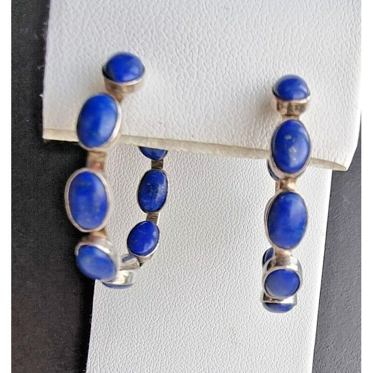 STYLISH 925 STERLING SILVER NATURAL LAPIS LAZULI HOOP EARRINGS AT