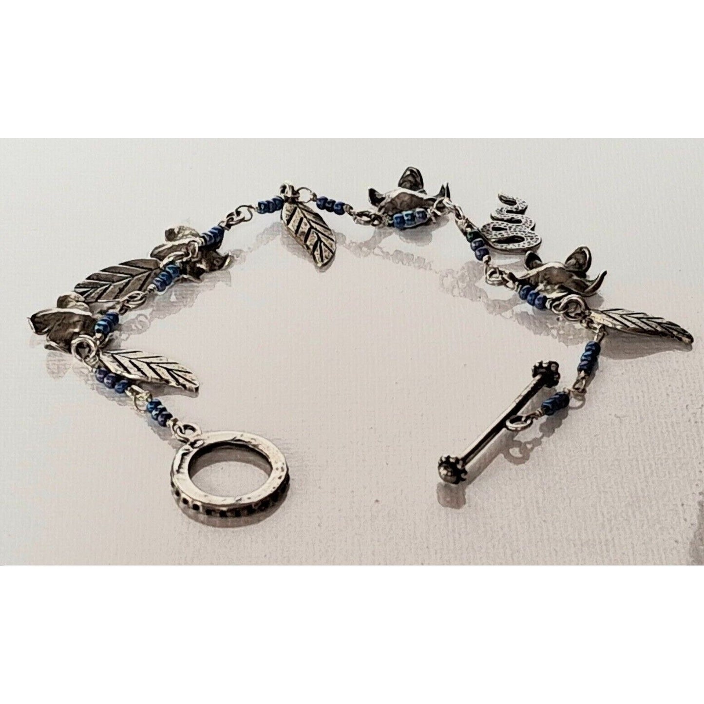 925 STERLING SILVER LEAVES,  FLOWERS  AND SNAKE BEADED CHARM BRACELET SKY