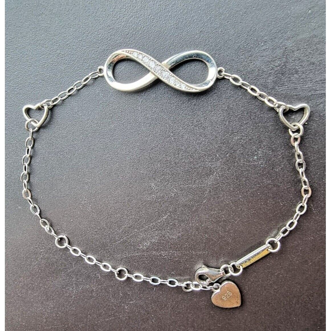 BILLIE BIJOUX DAINTY 925 STERLING SILVER INFINITY AND HEARTS BRACELET 8 inch AT