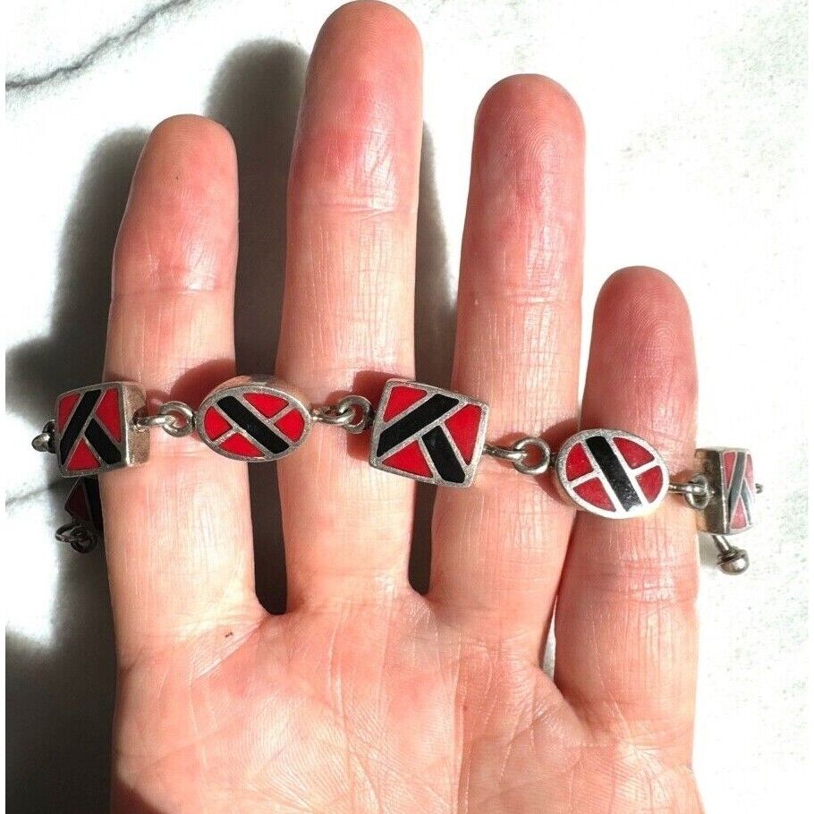 925 STERLING SILVER  RED AND BLACK ENAMEL REVERSIBLE BRACELET SKY