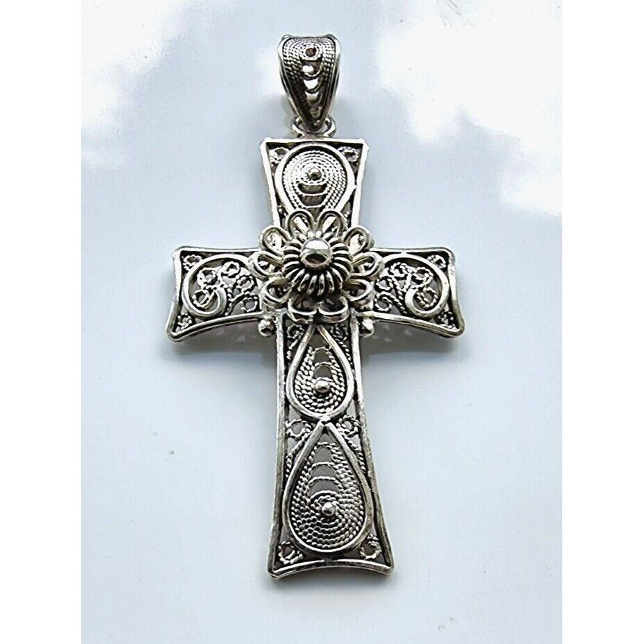 925 STERLING SILVER FILIGREE CROSS FLOWER CROSS  PENDANT AT