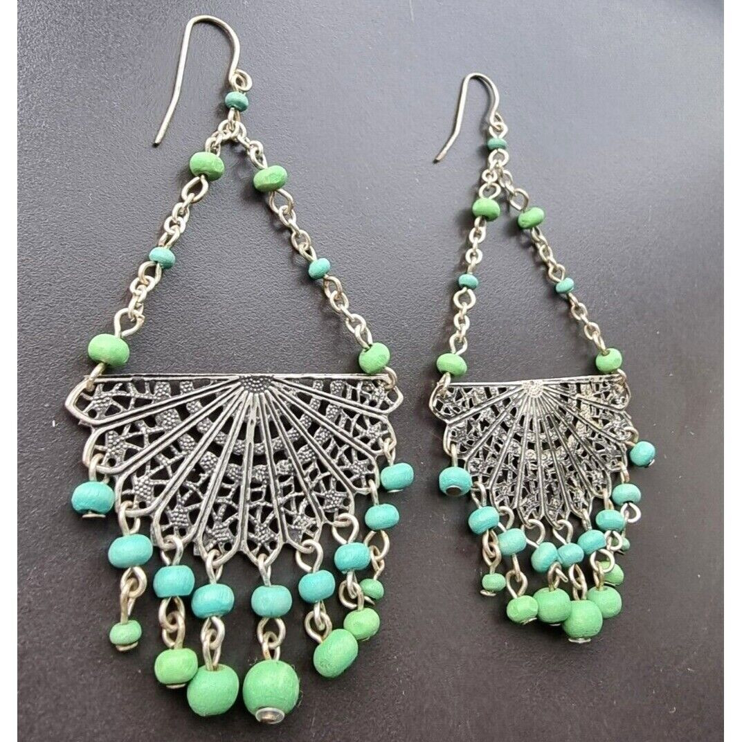 ETHNIC VINTAGE 925 STERLING SILVER WOOD  DROPS EARRINGS AT