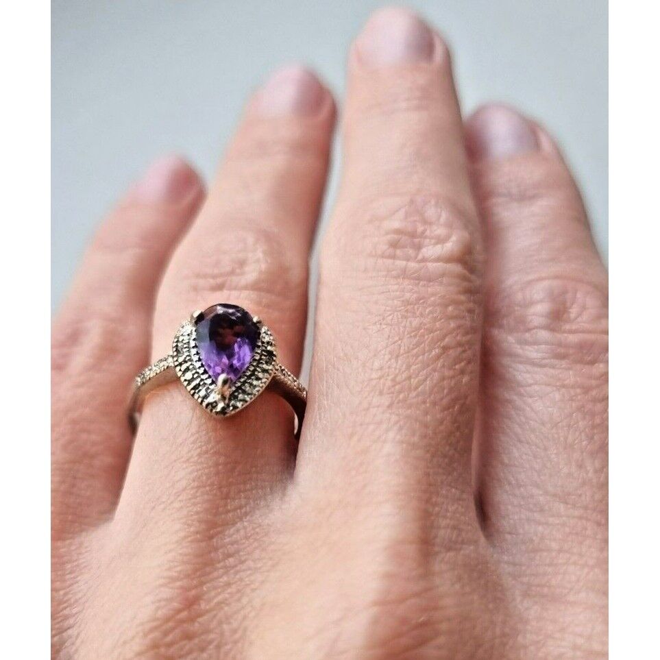 925 STERLING SILVER NATURAL  9x6 mm. PEAR SHAPED AMETHYST RING SIZE 8 AT