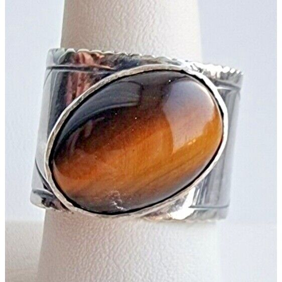 925 STERLING SILVER TIGER EYE SIGAR BAND RING SIZE 9.25 AT