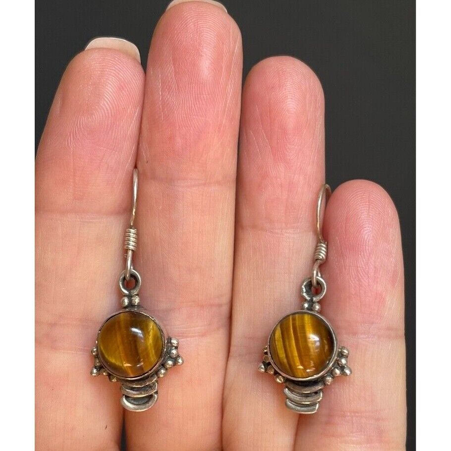 925 STERLING SILVER & TIGER'S EYE DANGLE EARRINGS SKY