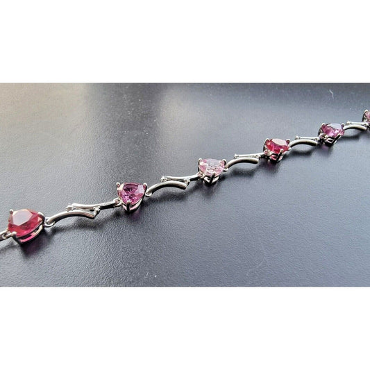 925 STERLING SILVER DIAMOND PINK TOURMALINE PINK SAPPHIRE RUBY HEART BRACELET AT