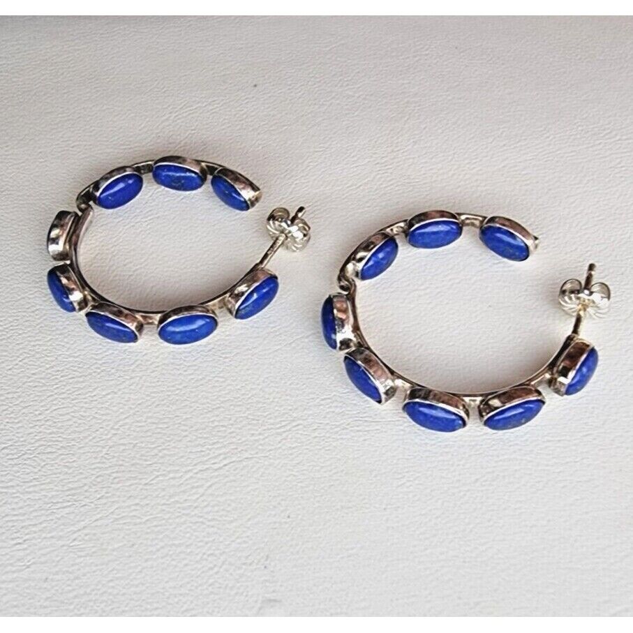 STYLISH 925 STERLING SILVER NATURAL LAPIS LAZULI HOOP EARRINGS AT