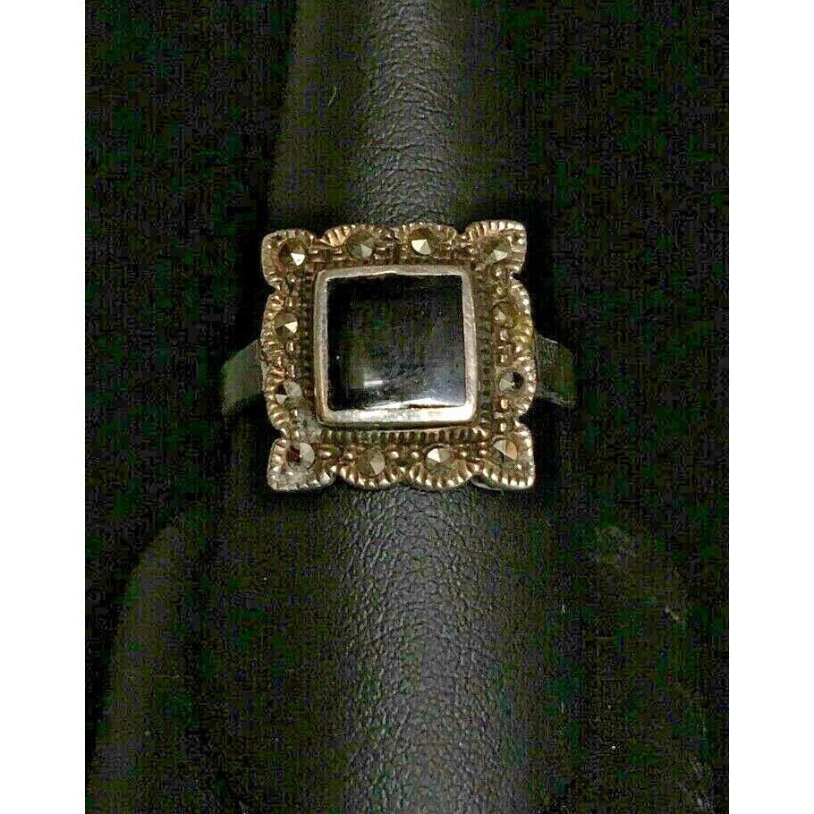 925 STERLING SILVER ONYX & MARCASITES RING SIZE 9.25 SKY