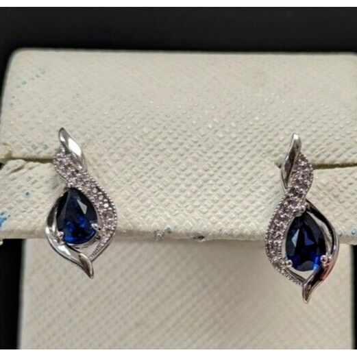 925 sterling silver pear shape blue  sapphire and white cz   earrings AT