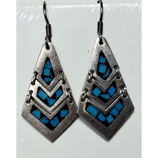 TAXCO 925 STERLING SILVER TURQUOISE INLAID SECTIONAL DANGLE EARRINGS SKY