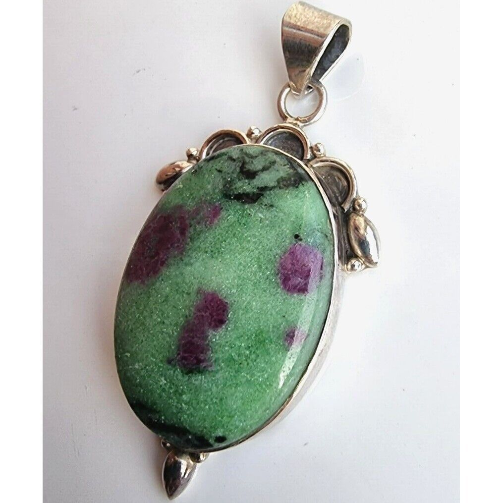 925 STERLING SILVER NATURAL RUBY ZOISITE CABOCHON PENDANT AT