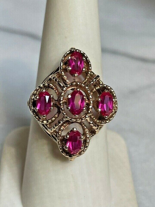 YELLOW GOLD & LAB-CREATED RUBY COCKTAIL RING SIZE 7.5 SKY