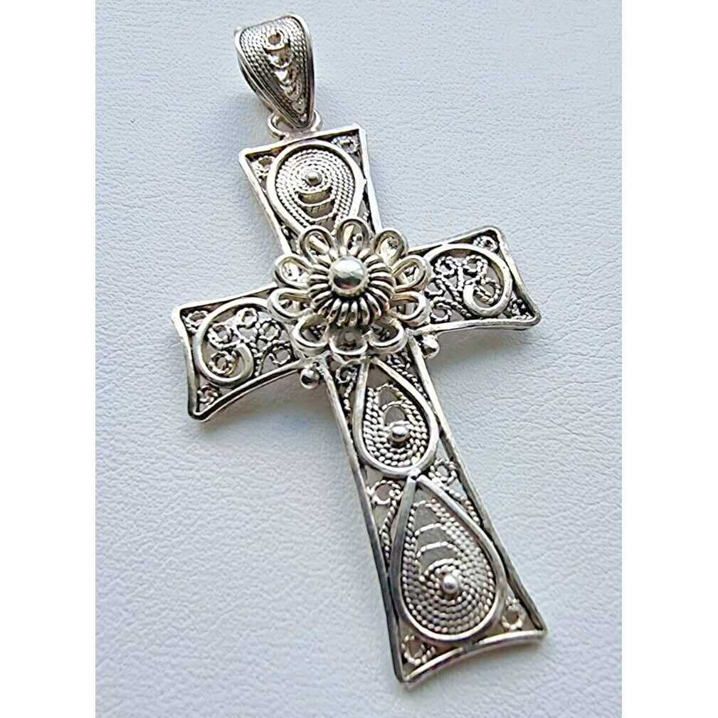 925 STERLING SILVER FILIGREE CROSS FLOWER CROSS  PENDANT AT