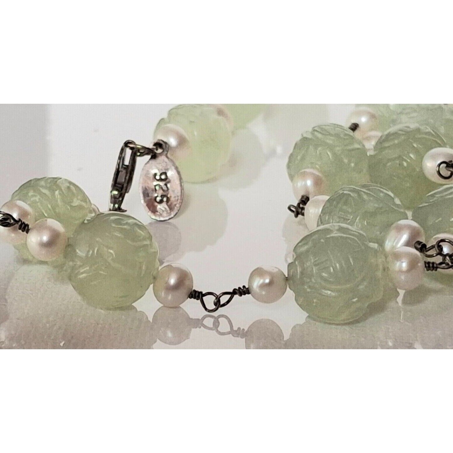 YUA-SAI 925 STERLING SILVER CURVED JADE  AND PEARLS  NECKLACE SKY