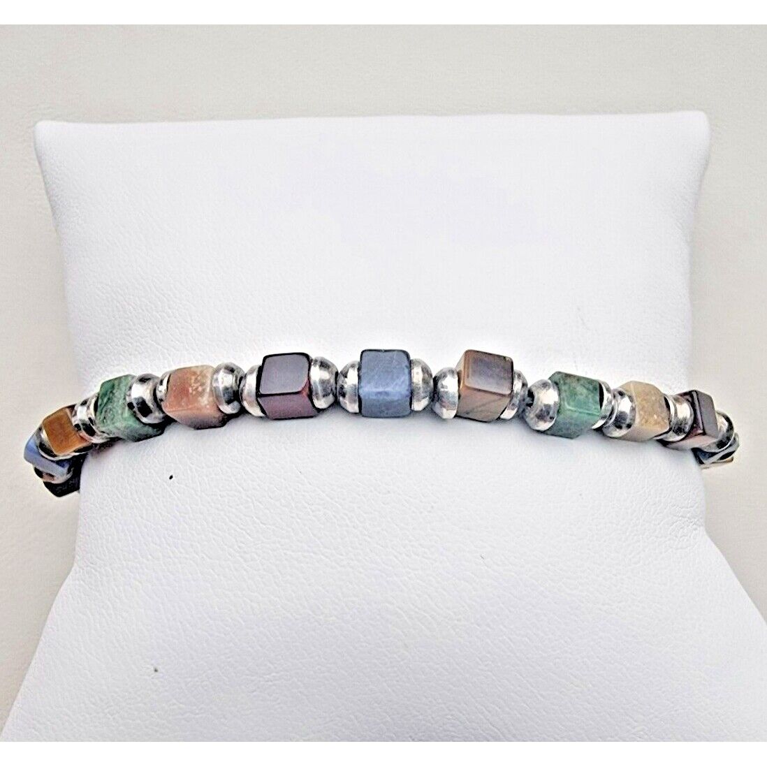 925 STERLING SILVER NATURAL MULTI GEMSTONE TOGGLE CLAPS CUBE BRACELET AT