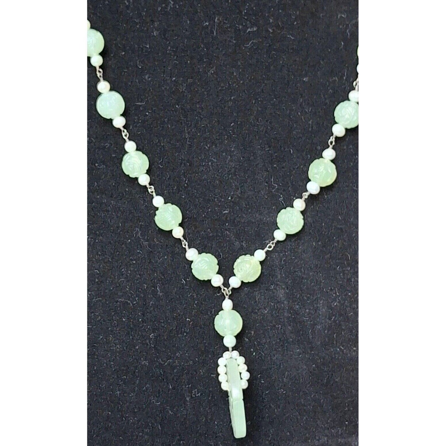 YUA-SAI 925 STERLING SILVER CURVED JADE  AND PEARLS  NECKLACE SKY