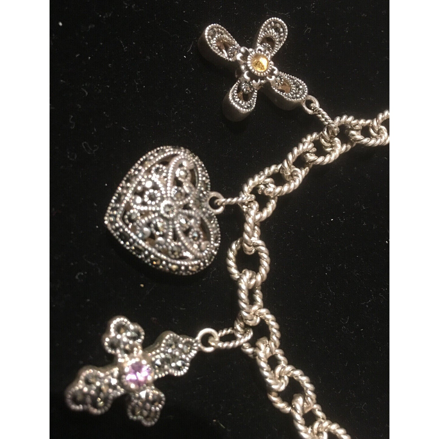 STERLING SILVER HEARTS AND ROSES CHARM BRACELET SKY