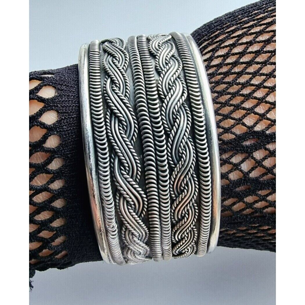 VINTAGE MULTI PATTERN 925 STERLING SILVER CUFF  BRACELET AT