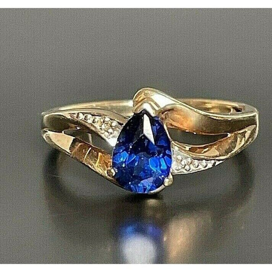 YELLOW GOLD LONDON BLUE TOPAZ & DIAMOND RING SIZE 7 SKY