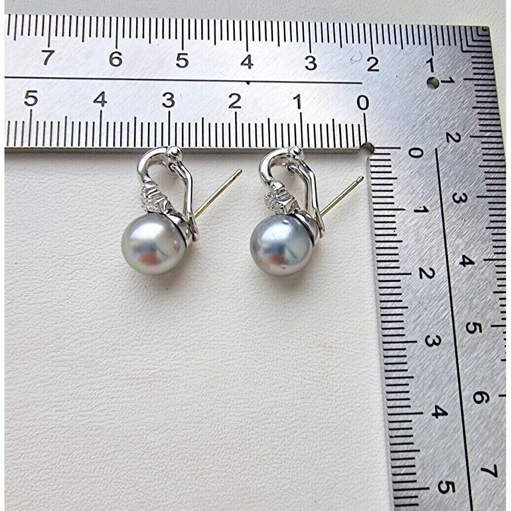 14K WHITE GOLD GREY  PEARL AND DIAMOND EARRINGS WITH OMEGA CLIP AT