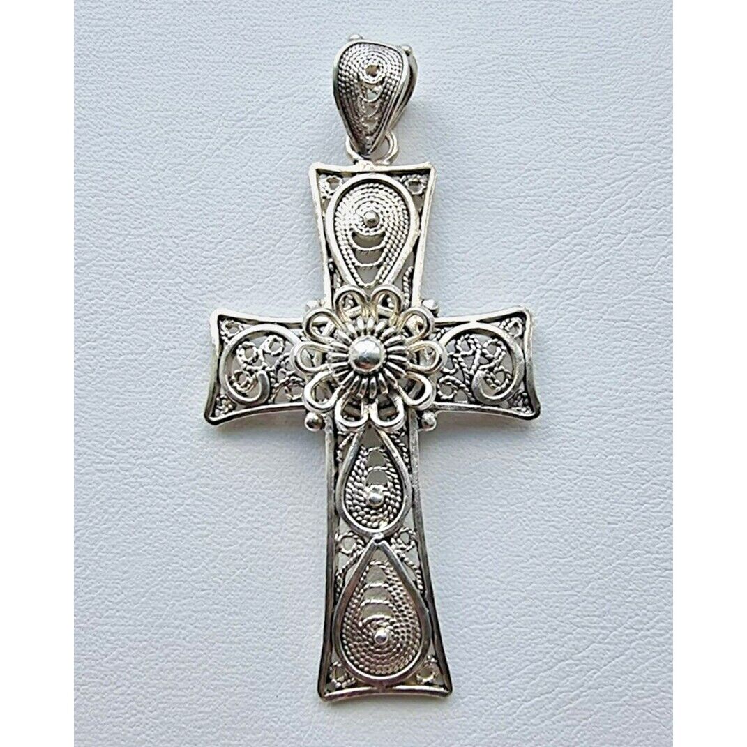 925 STERLING SILVER FILIGREE CROSS FLOWER CROSS  PENDANT AT